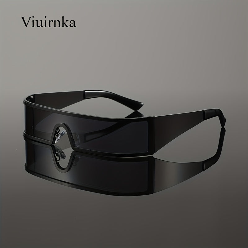 VIUIRNKA Men's Fashion Glasses, Cyberpunk Metal Wraparound Frame, Wide Temple Futuristic Design with Case, Lightweight Street Style Fashion, Perfect for Halloween & Christmas Gift Giving, Cool Quality Event Wear