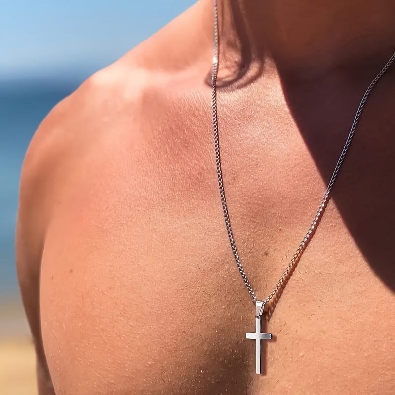 1 men's fashionable cross pendant necklace, plated with 18K golden Cuban chain, stainless steel men's minimalist casual necklace