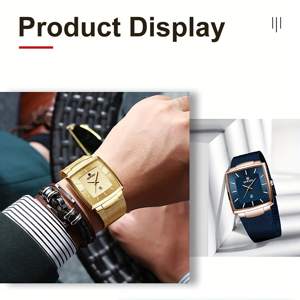 Men's Square Blue Dial Luxury Quartz Watch – Stainless Steel Strap, Luminous Hands, Date Display, Zinc Alloy Case Wristwatch for Men