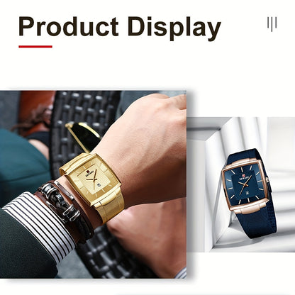 Men's Square Blue Dial Luxury Quartz Watch – Stainless Steel Strap, Luminous Hands, Date Display, Zinc Alloy Case Wristwatch for Men