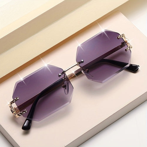Oversized Sunglasses Women Gradient Polygonal Rimless Metal Frame Large Lens Fashion Shades for Beach Party Vacation Travel Trendy Eyewear Gradient Grey