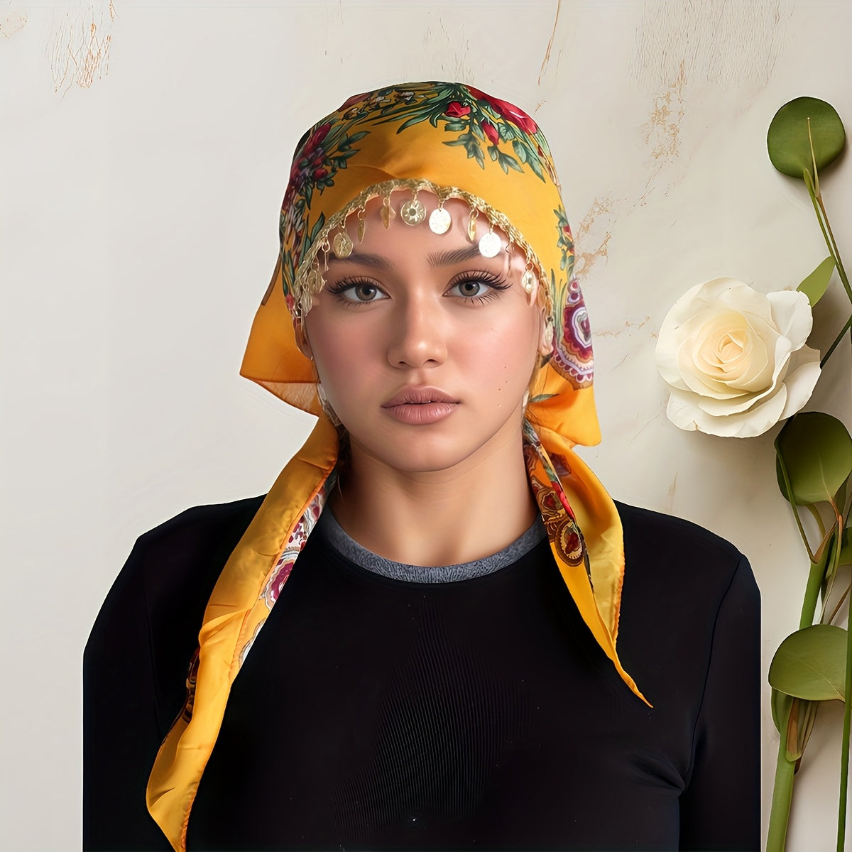Elegant Golden Chain Headscarf - Breathable Lightweight 100% Polyester Shawl with Intricate Floral Print, Adjustable Closure for Ramadan & Special Occasions, Multi-Color Traditional Headgear