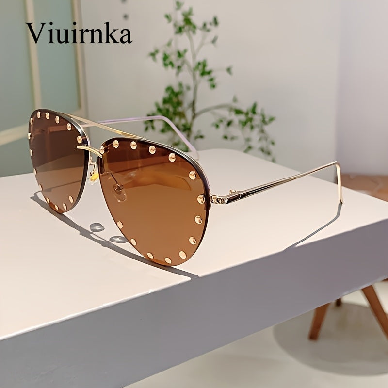 VIUIRNKA Women'S Glasses, Classic Semi-Rimless Design with Studded Details, Trendy Versatile Black Frame with Case, Lightweight Fashion Statement, Perfect for Halloween & Christmas Gift Giving, Chic Daily Wea