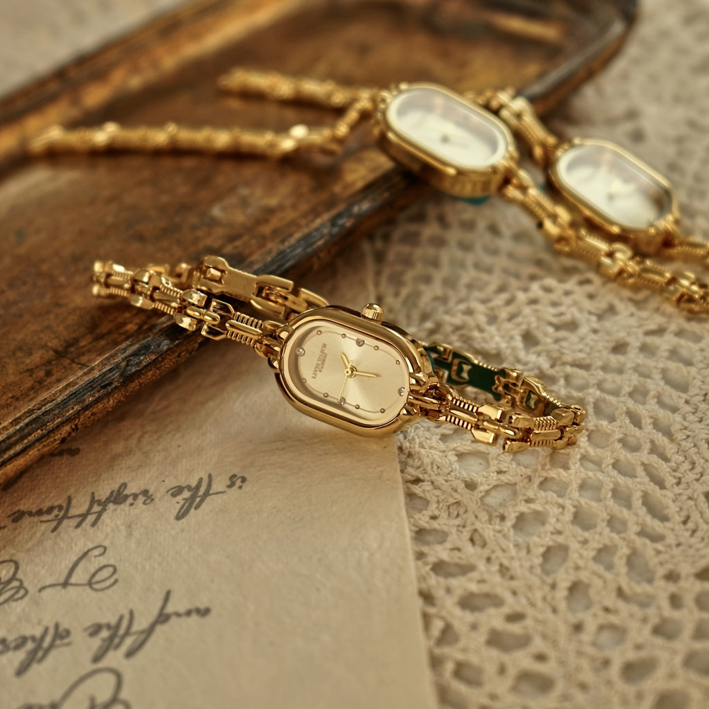 1pc Vintage Luxury Women's Watch with Golden-Tone Alloy Bracelet, Rhinestone-Accented Oval Case, Japanese Quartz Movement & High Quality - Elegant Versatile for Daily Wear & Holiday Parties