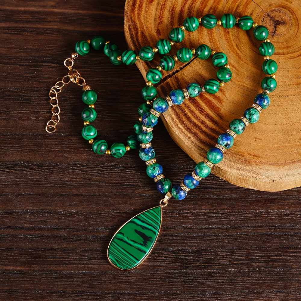 Malachite Necklace Set 2Pcs - Natural Stone Beads Lapis Lazuli Wealth Necklace, Handmade Vintage Boho Adjustable Stackable Jewelry, Attracts Fortune & Abundance, Unisex Daily Wear & Gift