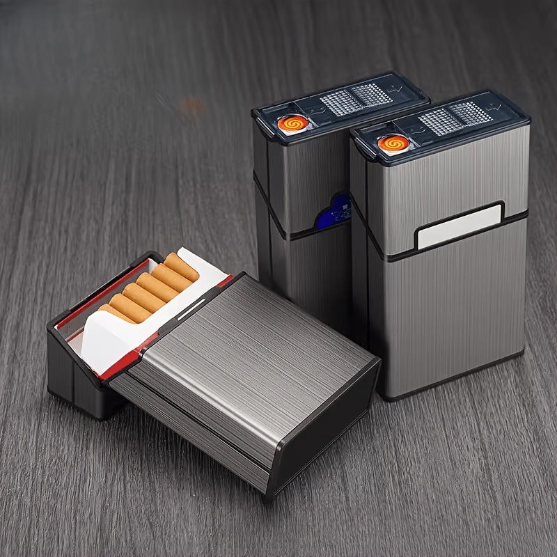 2 in 1 for Men, Holds 20 Cigarettes, with Built-In Rechargeable Ignition, Windproof, Flip-Top Design, Pressure & Moisture Resistant, Stylish for Business And Casual Use