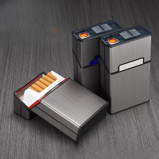 2 in 1 for Men, Holds 20 Cigarettes, with Built-In Rechargeable Ignition, Windproof, Flip-Top Design, Pressure & Moisture Resistant, Stylish for Business And Casual Use