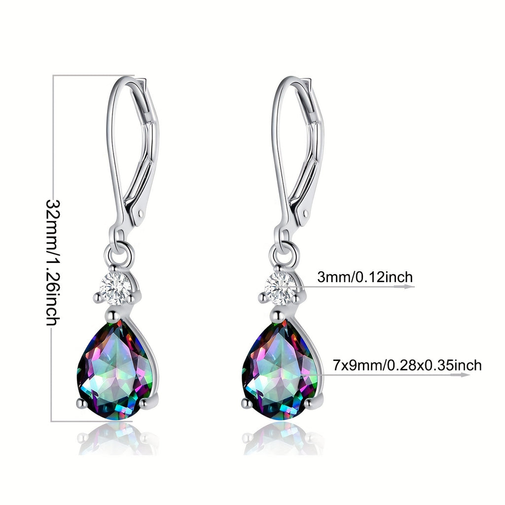 925 Sterling Silvery Created Rainbow Quartz CZ Teardrop Leverback Earrings Drop Dangly Gemstone Earings Hypoallergenic Birthday Jewelry Gifts for Women