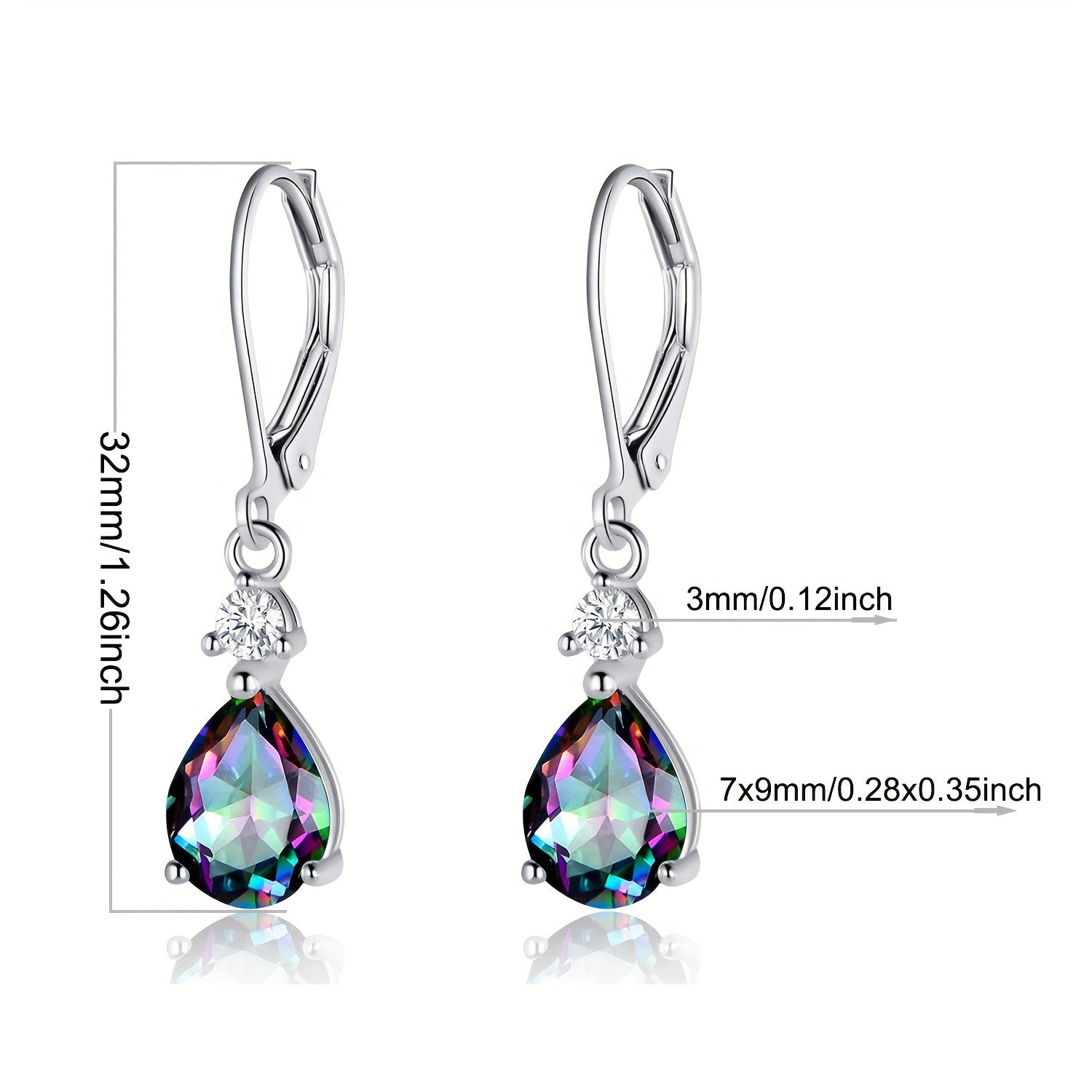 925 Sterling Silvery Created Rainbow Quartz CZ Teardrop Leverback Earrings Drop Dangly Gemstone Earings Hypoallergenic Birthday Jewelry Gifts for Women