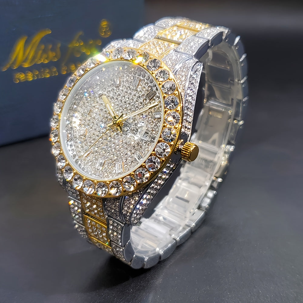 Men's Classic Business Iced Rhinestone Quartz Watch, Classic Fashion Wrist Watch