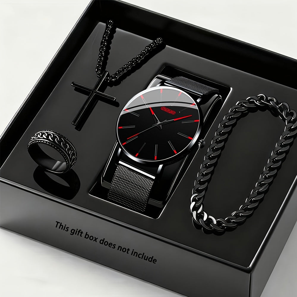 [Casual Business Special] 4pcs Men's Luxury Watch And Set - Quartz Analog Watch with Black And Red Hands, Matching Bracelet And Necklace, Analog/Digital-Like Sub-Dials - Low Voltage for Casual/Business/Special Occasions - Complete