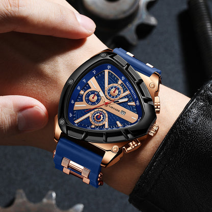 Men's Triangular Dial Quartz Watch – Unique Luxury Design, Silicone & Steel Band, Date Chronograph, Business Casual Wristwatch, Gift for Him