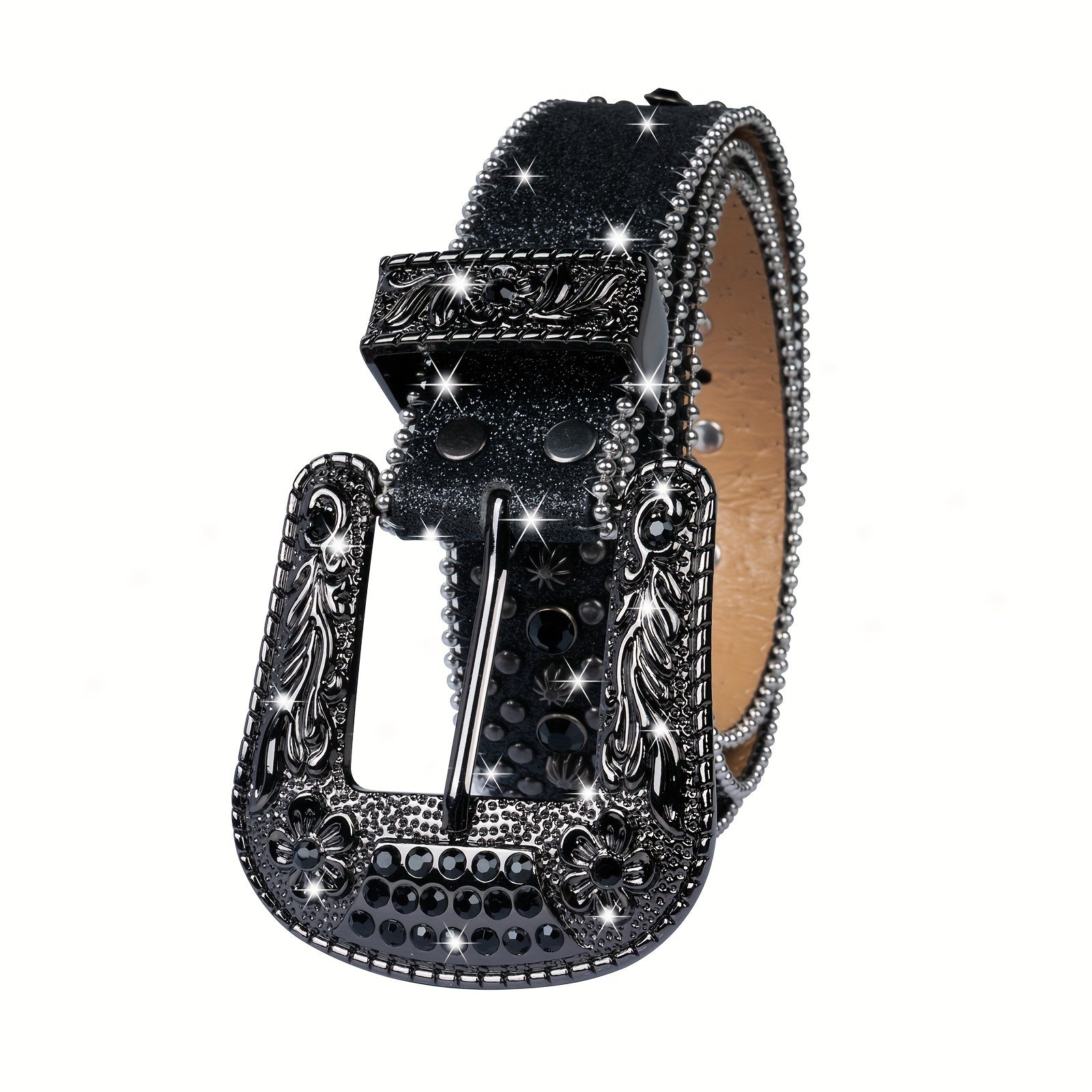 Bling Bling Belt with Skulls, Black Belt for Jeans Pants Dress, Buckle Closure Belt for Men&Women, Western Cowgirl &Cowboy