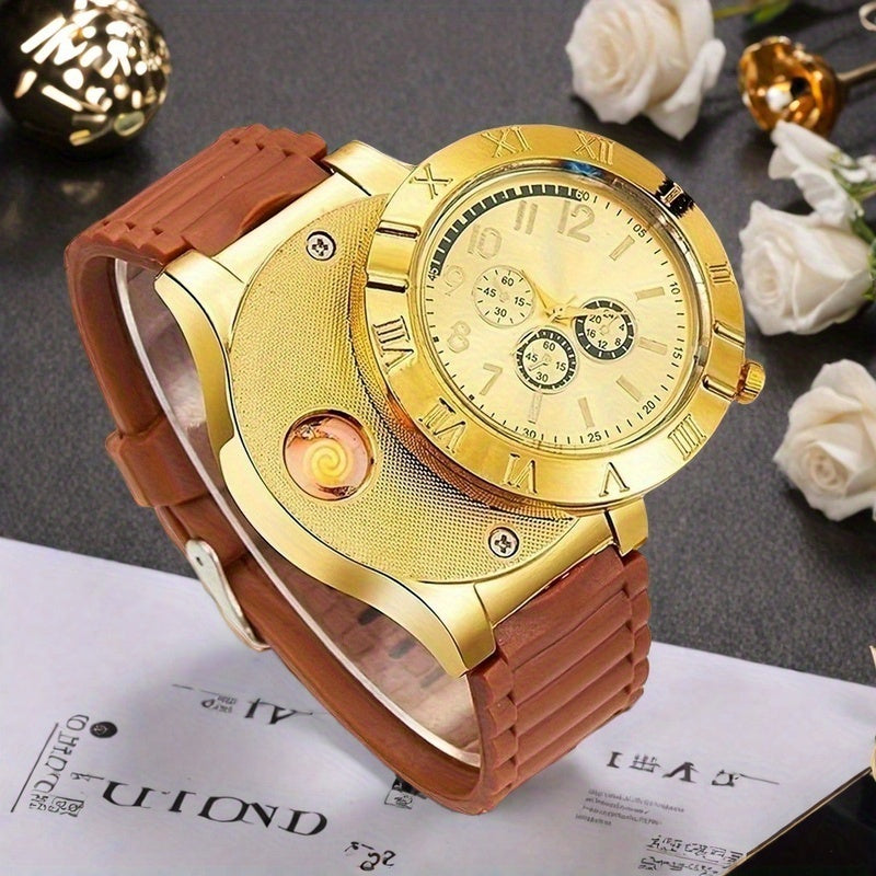 Lighter Watch for Men Lingkun Casual Wristwatch with Windproof Smoke Lighter Built-In Unique Gift for Dad Father's Day Valentine's Day Christmas Anniversary