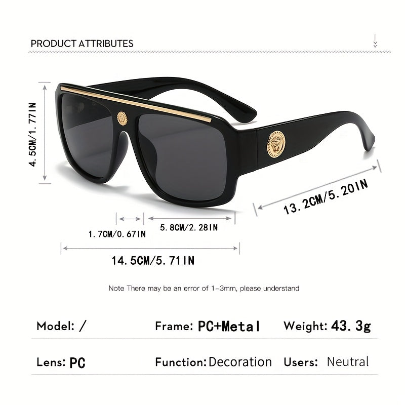2 Pairs Of Men's Cyberpunk Square Fashion Glasses - Black Golden Metal Decoration, Lightweight Daily Wear Lenses, Street Trend Gifts, Luxury Polished Accessories, Fashion Glasses, Durable Daily Glasses