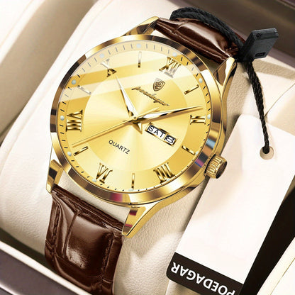 POEDAGAR 978P Men's Watch 3ATM Waterproof Date Display PU Leather Band – Fashion Casual Round Dial Quartz Wristwatch for Men, Multiple Colors