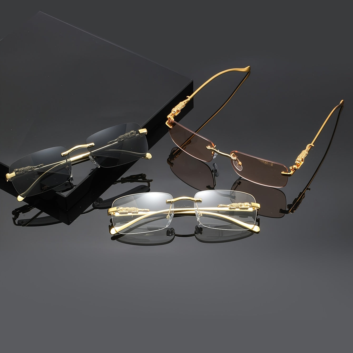 A Unique Pair of Glasses with Leopard Print Design And Frameless Square Lenses, with Glasses Case And Cleaning Cloth Suitable for Casual Gatherings And Fashionable Outfits. They Are a Perfect Photo Prop for Both Men And Women