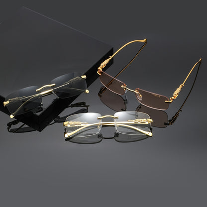 Leopard Print Sunglasses Frameless Square Gold Frame - Fashion Eyewear Unisex Men Women with Case Cleaning Cloth 3 Lens Colors