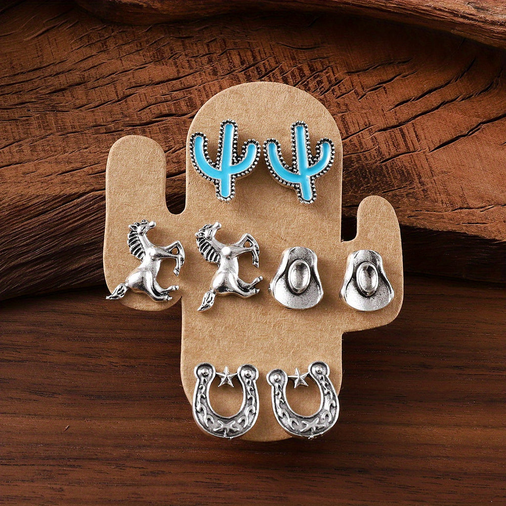 Western Style Stud Earrings Set 20 Pairs - Turquoise Cowgirl Earrings with Bull Skull, Horseshoe, Cactus, Cowboy Boot, Flower & Heart Designs, Boho Country Jewelry Gift for Women & Girls