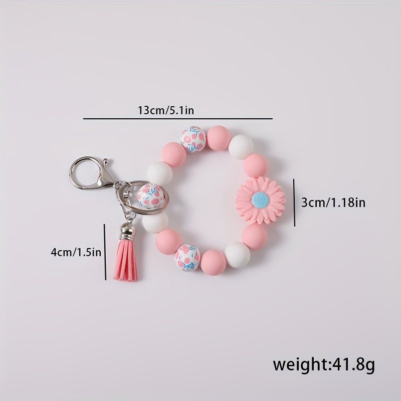 Daisy Flower Silicone Keychain Set 5pcs – Printed Wooden Bead Key Ring, Boho Floral Charm Accessory, Ideal Holiday Gift for Women & Girls