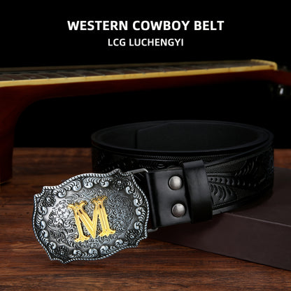 Western Belt for Men - Embossed Floral Cowboy Belt, Longhorn Bull Pattern Big Buckle, Faux Leather, Sizes 34-44, 23 Colors, Stylish & Durable