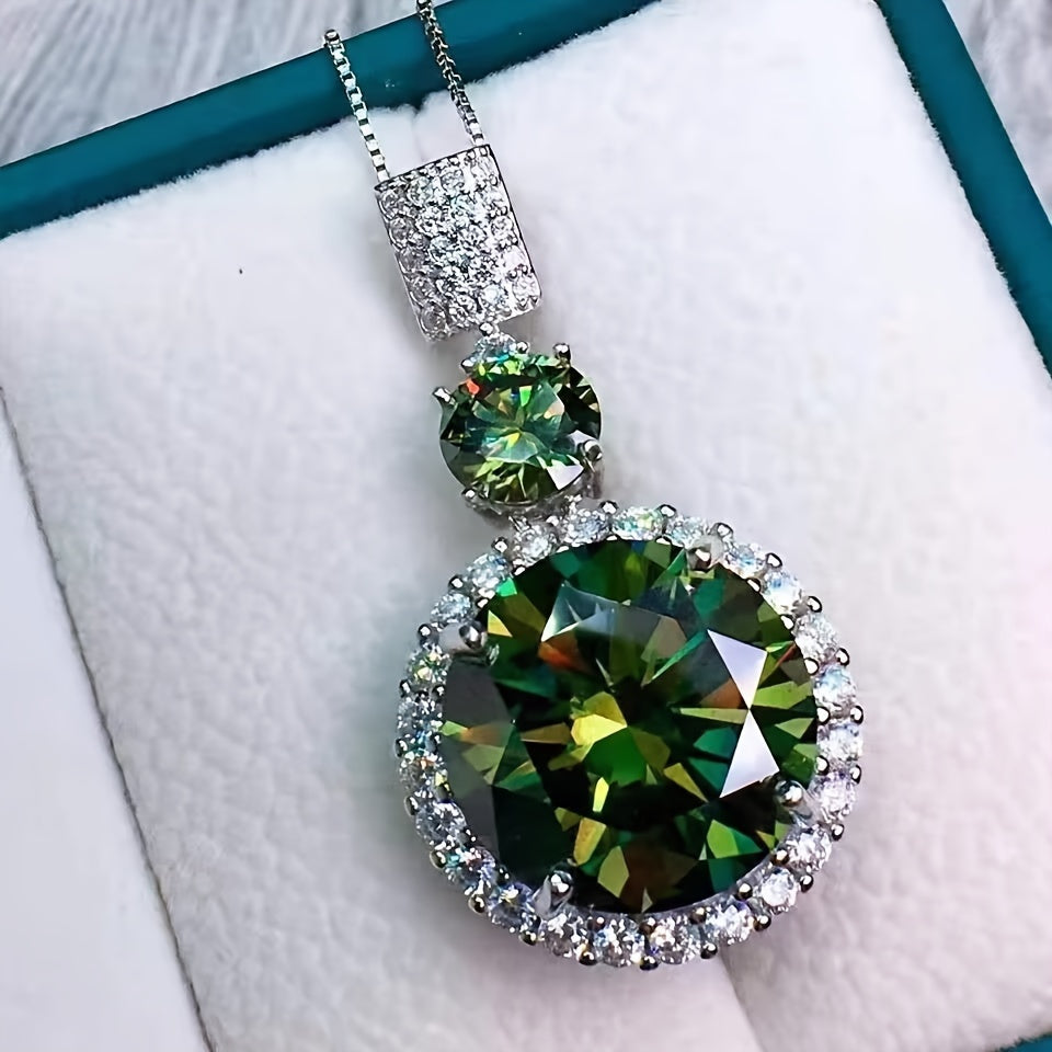 6-Carat Colorful Green Moissanite Sterling Silver 925 Pendant Necklace - Elegant Pendant Necklaces for Women with Clavicle Chain, Ideal for Daily Wear, Dating, Parties, And Gift-Giving, Featuring Vintage Luxury Style, Comes with Box