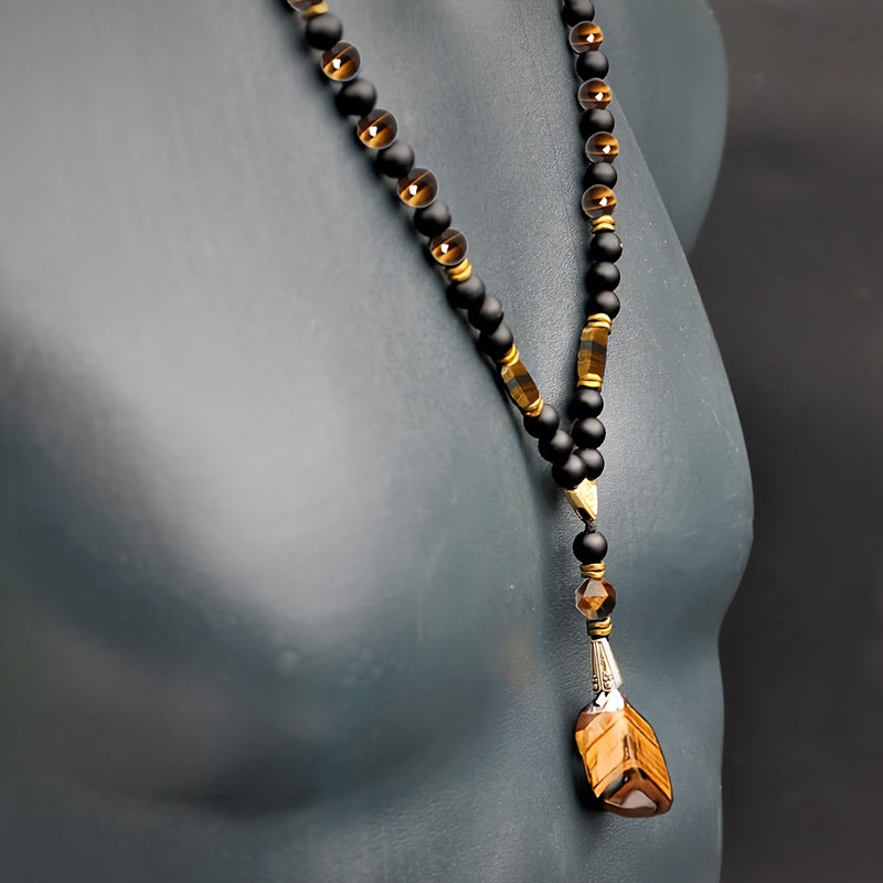 Stylish 8Mm Natural Stone Tiger Eye Pendant Necklace for Men - Adjustable Long Chain with Black Agate Beads - A Distinctive Christmas Gift Idea Featuring a Creative Natural Stone Necklace
