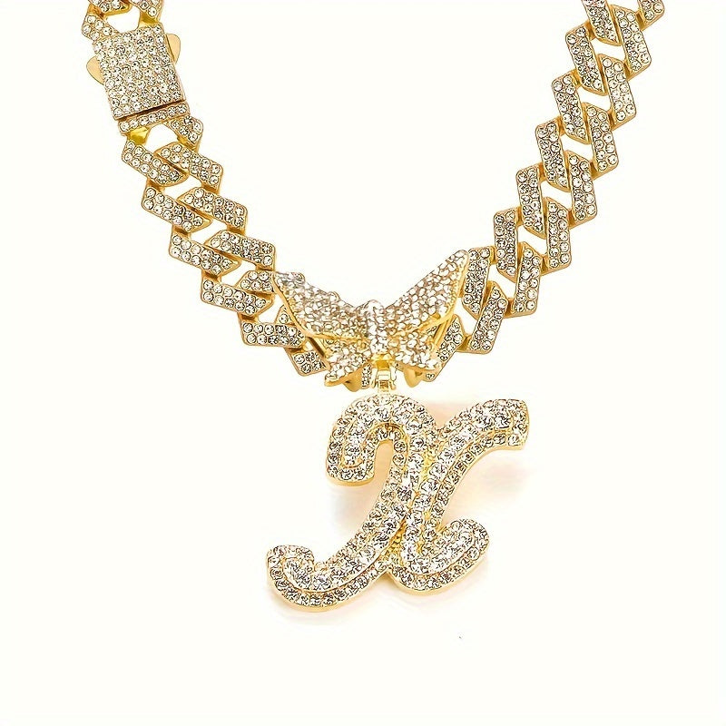 Cuban Link Chain Necklace - Initial Letter for Men Women - with Butterfly Alphabet Pendant A-Z, Gold & - product detail view