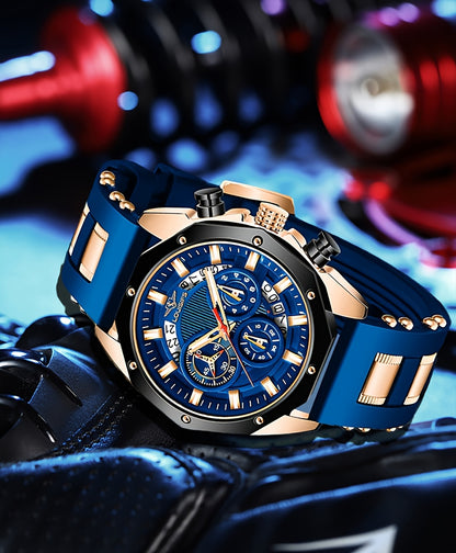 Chronograph Watch for Men - Large Dial Quartz Wristwatch with Day Date Month Display, 24H Analog, Leather Strap & Gold Buckle, Multi-Function Business Sport Dress Watch in Blue Silver Gold