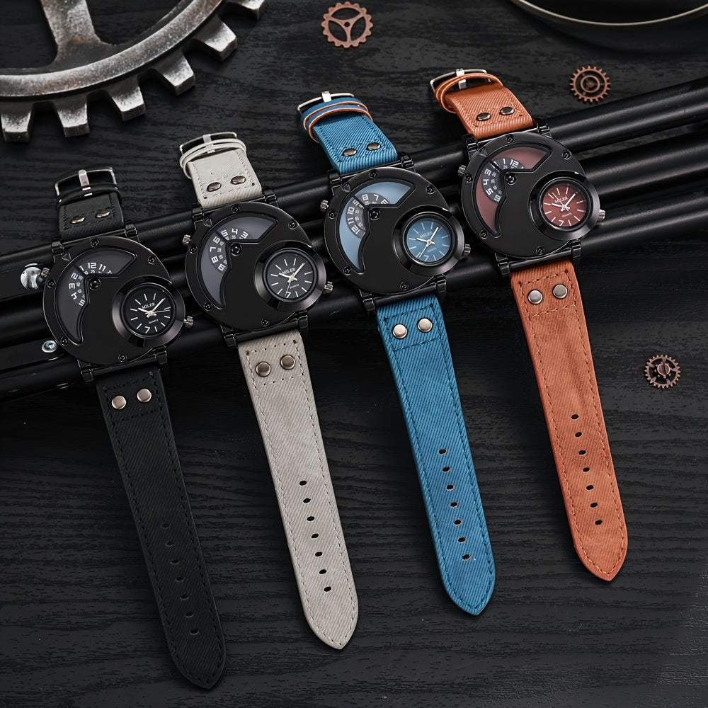 Vintage Men's Watch Big Dial Dual Time Zone PU Leather Strap – Business Quartz Analog Wristwatch for Men, Classic Retro Style Clock Black Blue