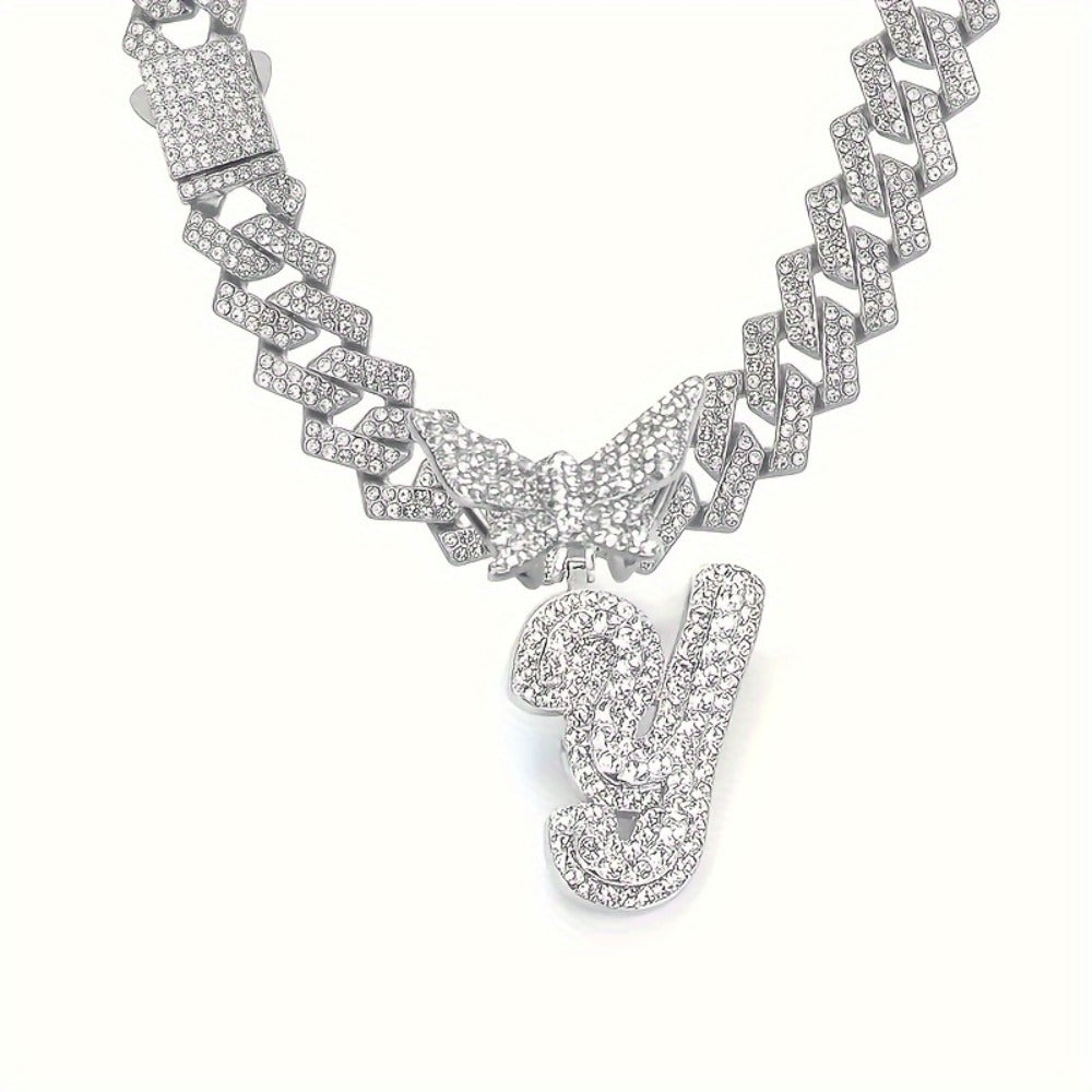 Cuban Link Chain Necklace - Initial Letter for Men Women - with Butterfly Alphabet Pendant A-Z, Gold & - product detail view