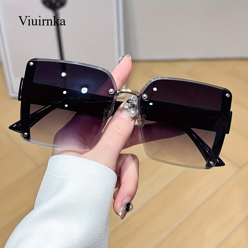 Y2K Sunglasses Square Frameless Gradient UV400 Lenses for Men Women – Luxury Lightweight Fashion Eyewear for Beach Vacation Festival Travel, Includes Protection Case