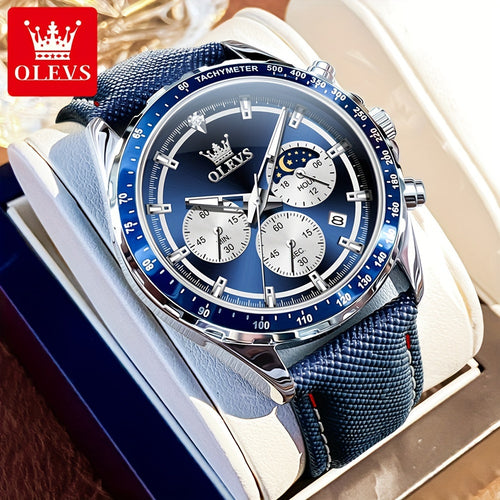 OLEVS Men's Luxury Chronograph Watch Moon Phase Quartz Big Face Calendar Waterproof, Leather Strap Dress Wristwatch for Men, Gold White Black Green Blue