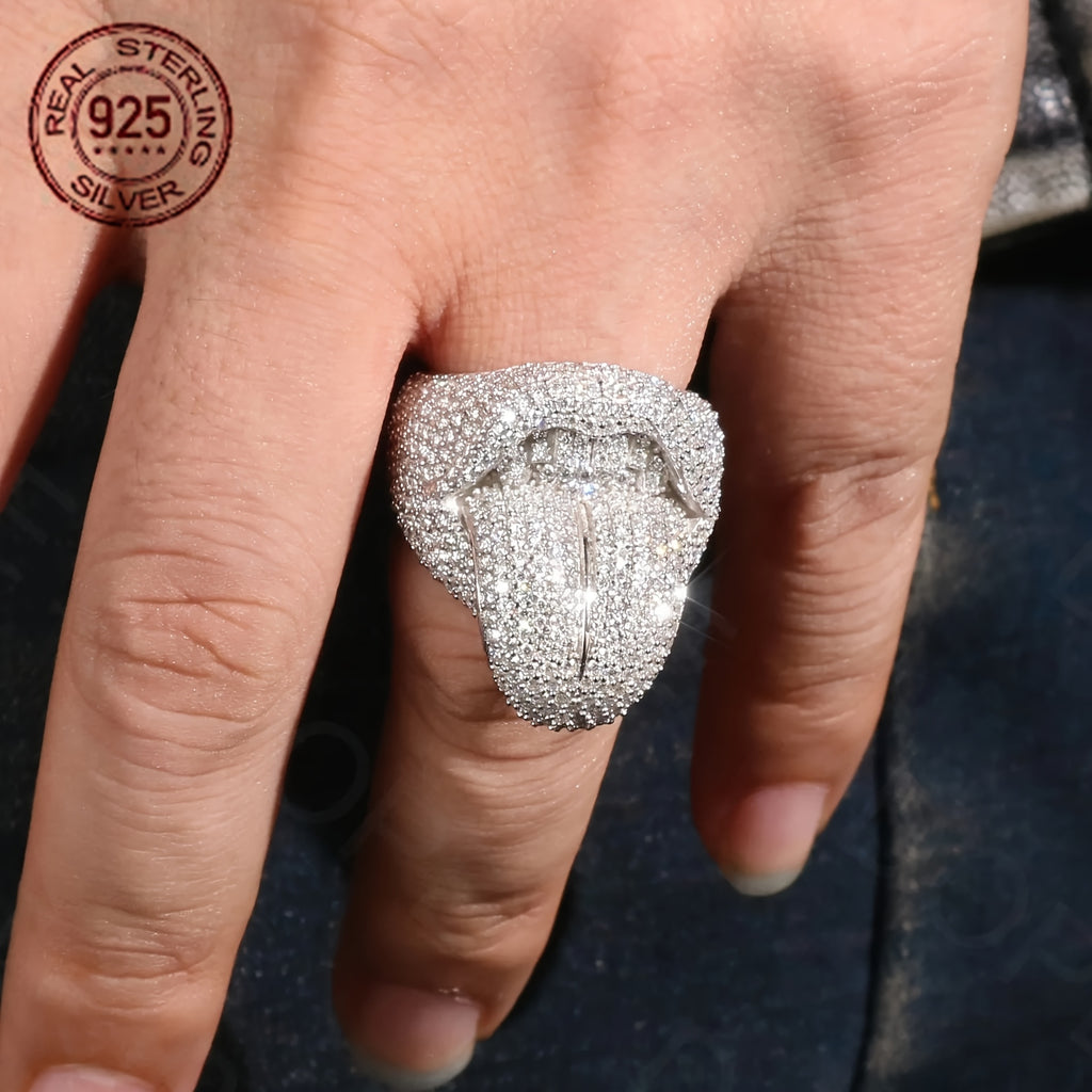 Exaggerated Lick Of Death Tongue Rings for Men Ice Out 925 Sterling Silvery Hip Hop Style Rings Creative Rapper Punk Jewelry