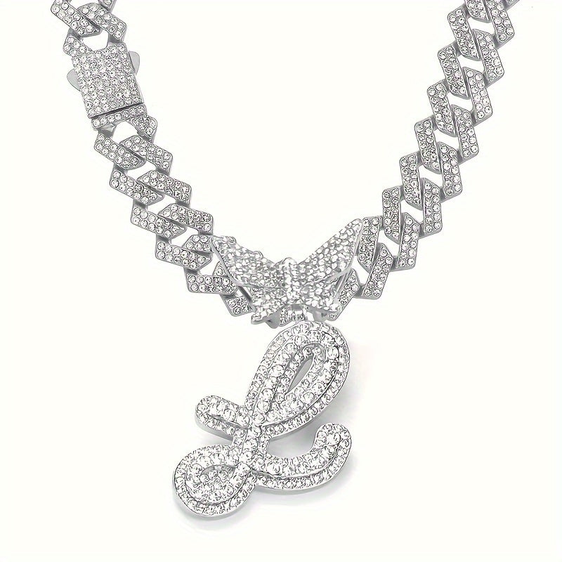 Cuban Link Chain Necklace - Initial Letter for Men Women - with Butterfly Alphabet Pendant A-Z, Gold & - product detail view