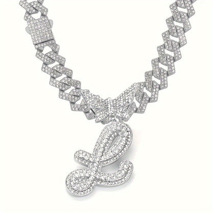 Cuban Link Chain Necklace - Initial Letter for Men Women - with Butterfly Alphabet Pendant A-Z, Gold & - product detail view