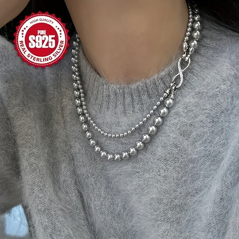 Double Layer Pearl Necklace S925 Sterling Silver - Imitation Pearl Chain with Detachable Buckle, Hypoallergenic Luxury Necklace for Women, Perfect Mother's Day & Special Occasion Gift