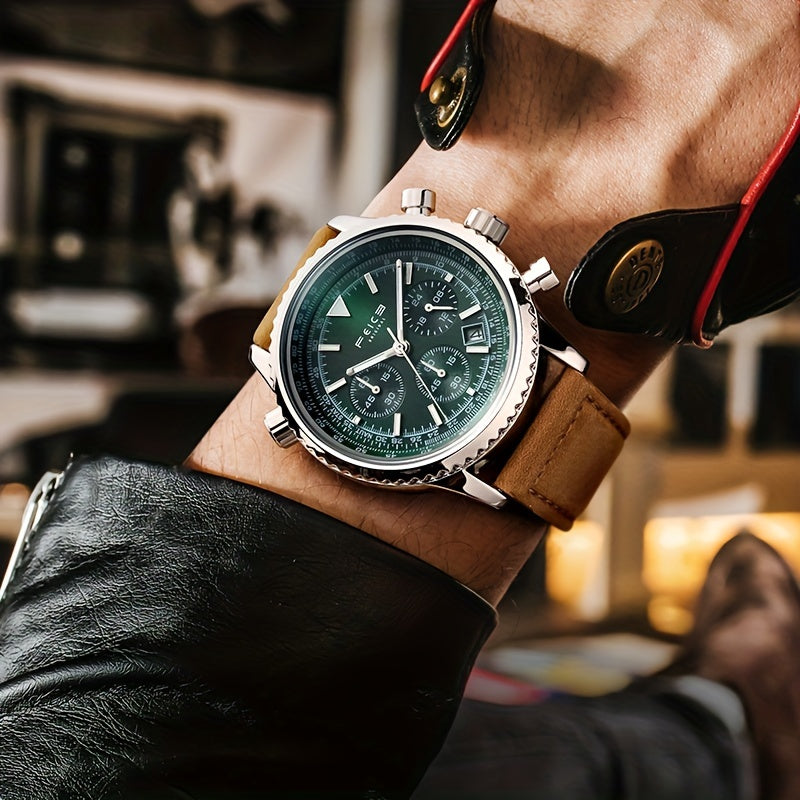 FEICE Brand Pilot Series Men'S Watches: A Versatile Blend of Business Formal And Casual Sports Styles, Featuring a Quartz Movement, Green Dial, Chronograph, Second Calendar, Luminous Indicators, And a 24-Hour Display. an Ideal Holiday Gift for Men