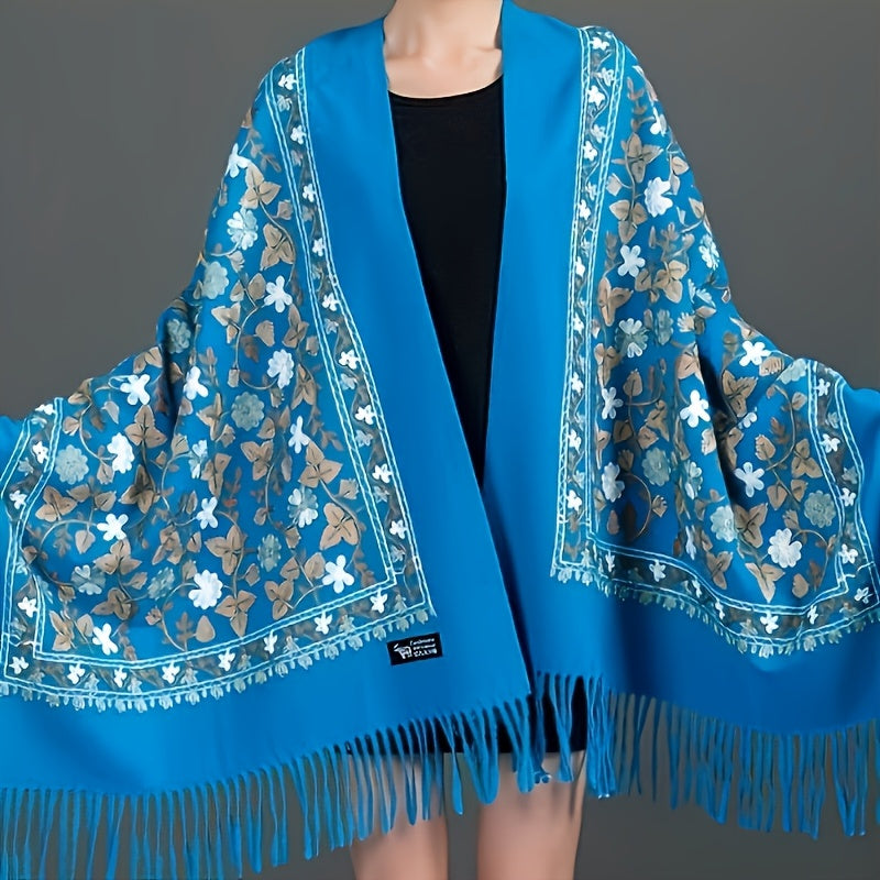 Floral Embroidered Coat & Vintage Embroidered Scarf Wrap - Bohemian Style Oversized Shawl for Spring/Fall - Versatile Warm Ethnic Print Accessory