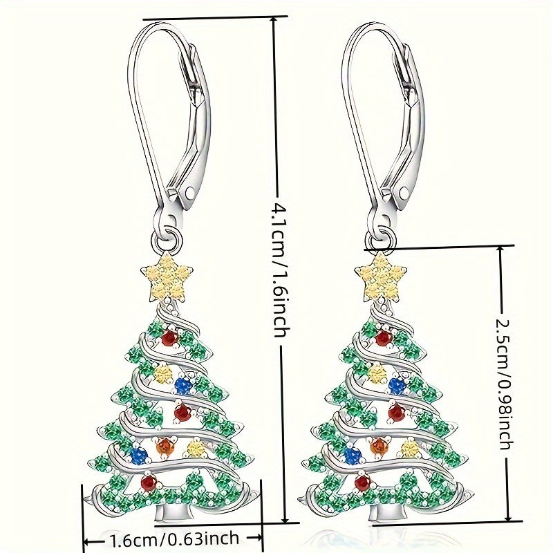925 Silver Christmas Tree Earrings with CZ Pendant – Sparkling Cubic Zirconia Drop Earrings for Women, Elegant Holiday Jewelry Gift for Party & Daily Wear