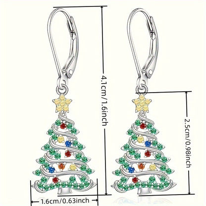 925 Silver Christmas Tree Earrings with CZ Pendant – Sparkling Cubic Zirconia Drop Earrings for Women, Elegant Holiday Jewelry Gift for Party & Daily Wear