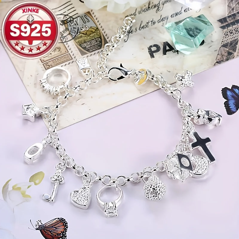 [Sterling Silver Charm Bracelet] 925 Sterling Silver Charm Bracelet for Women, Vintage Fashion Collection, Daily Wear Jewelry Accessory, Total Weight of the Product (2.5g)