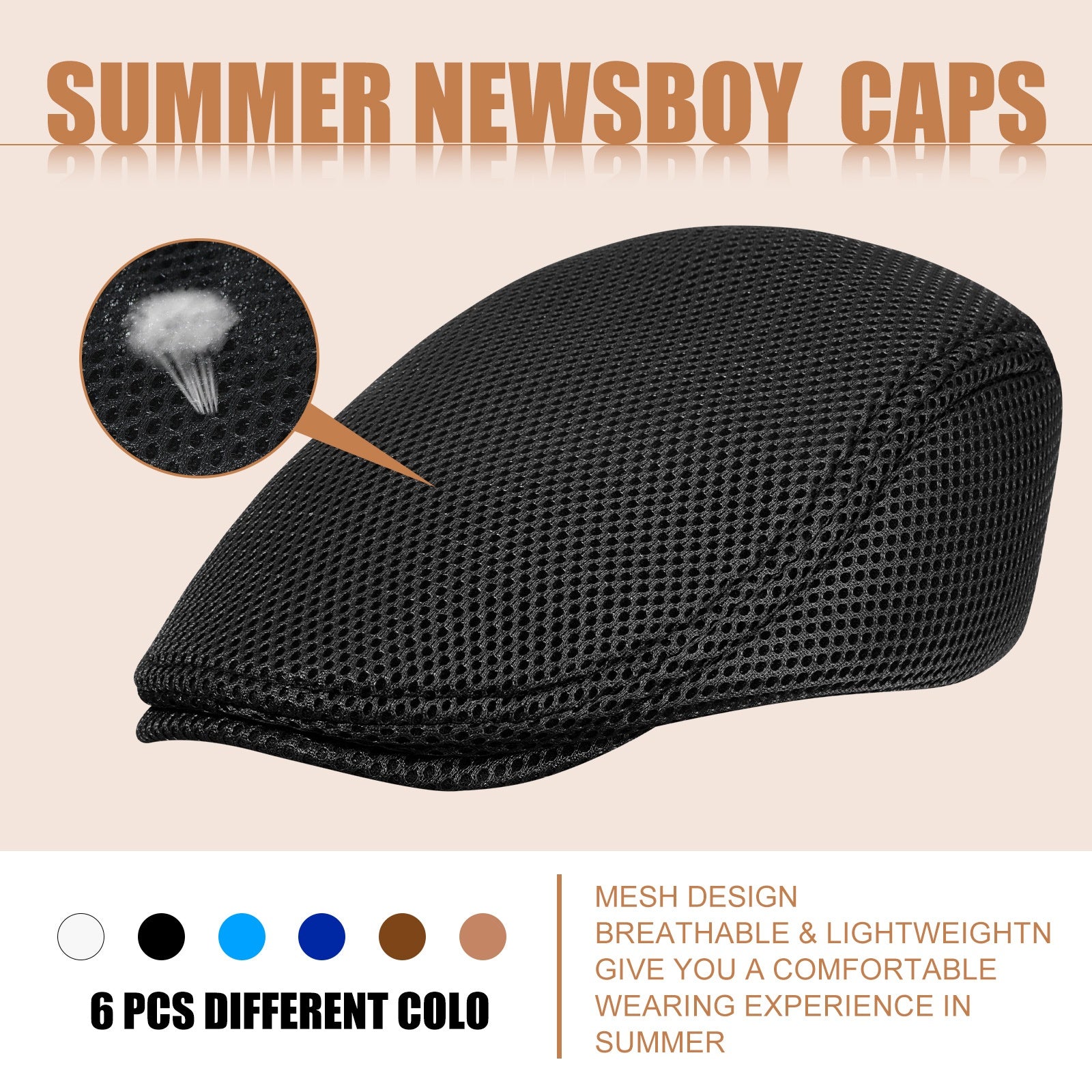 [Breathable Summer Cap] 6pcs Men's Mesh Flat Cap Breathable Summer Newsboy Cap Taxi Driver Flat Top