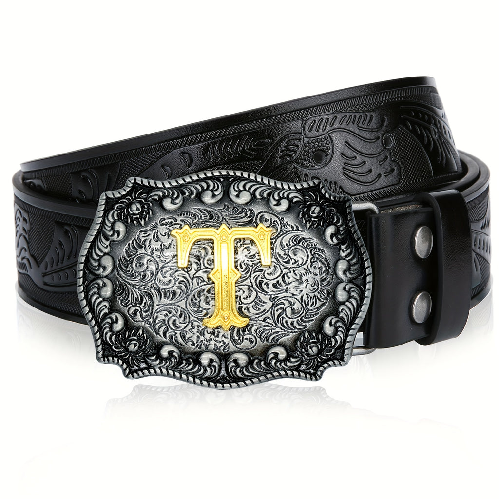Mens Western Cowboy Cowgirl Embossed Floral Faux Leather Belt - Longhorn Bull Pattern Letter Big Buckle Belt - Stylish, Durable, Belts For Men