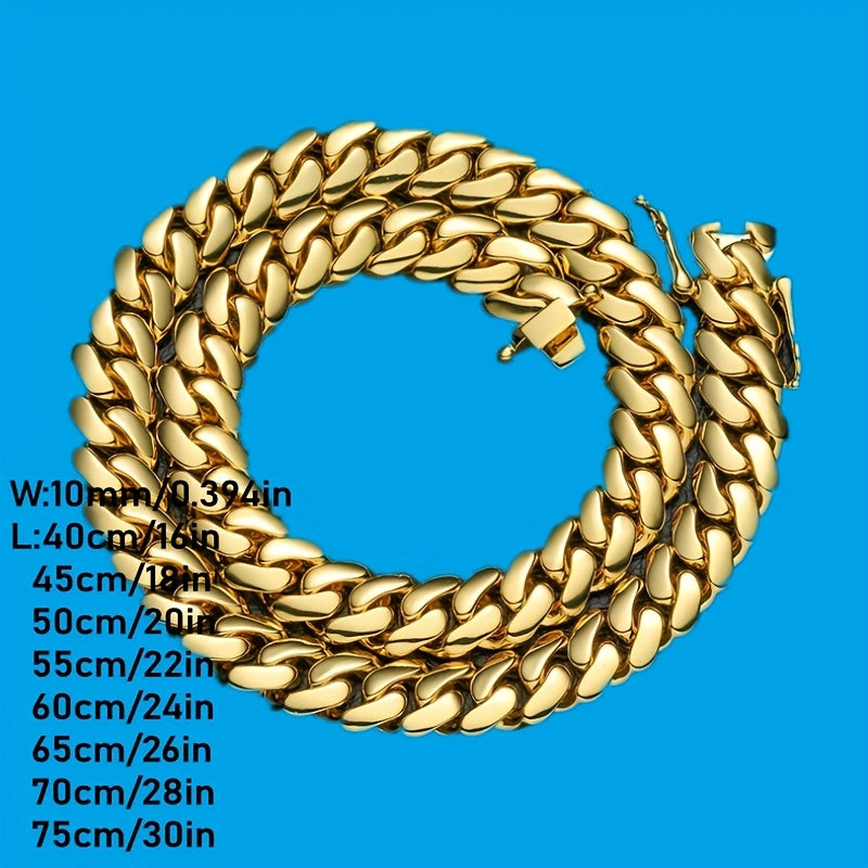 2pcs Cuban Links Chain Necklace Bracelet for Men 18K Golden Plated Plated 10mm Stainless Steel Curb Punk Hip Hop Jewelry Set