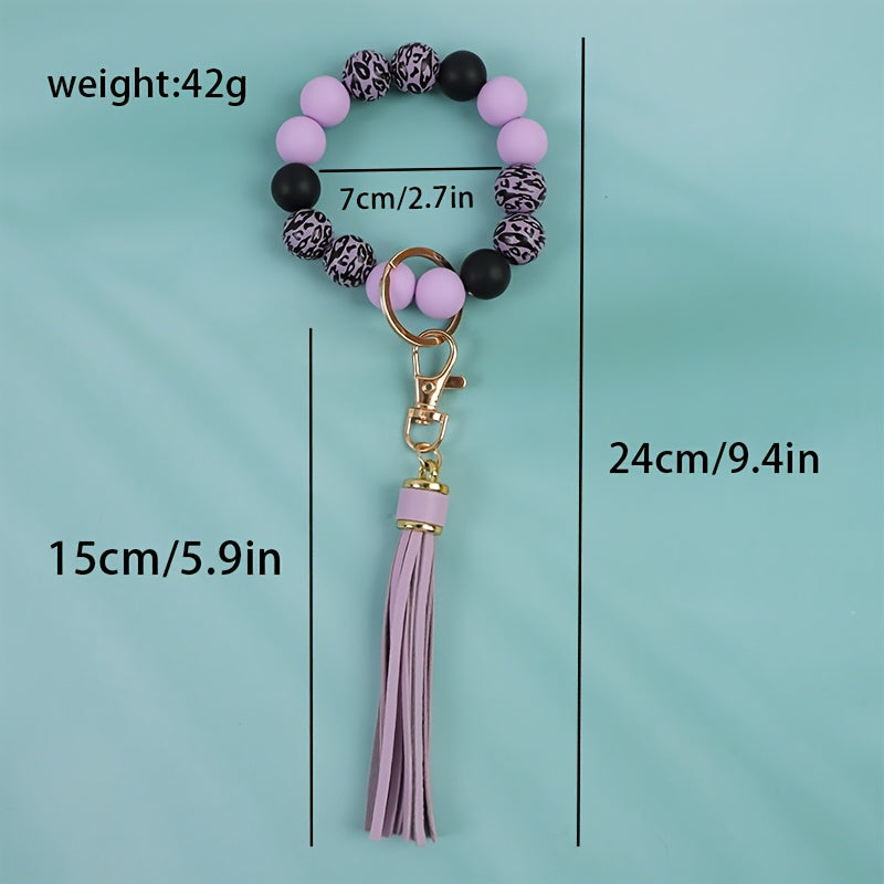 Wooden Bead Keychain Set 6 Pcs - Leopard Print Tassel Boho Keychains for Women, Handmade Beaded Key Chain with Lobster Clasp, Cute Aesthetic Bag Charm Keyring Gift Set for Women Girls