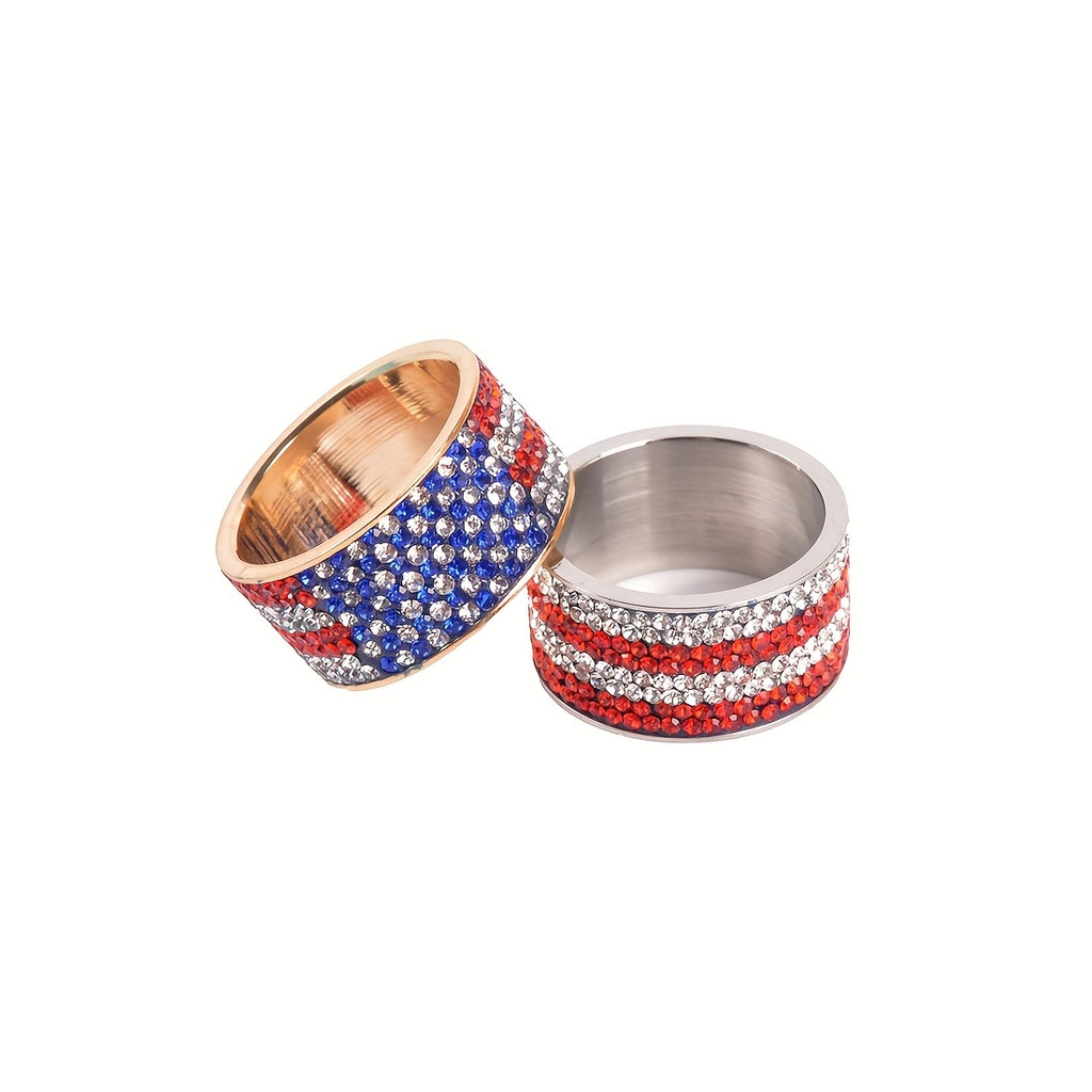 Patriotic Stainless Steel Rings with Rhinestone Accents - American Flag Design Jewelry Gift for Men And Women