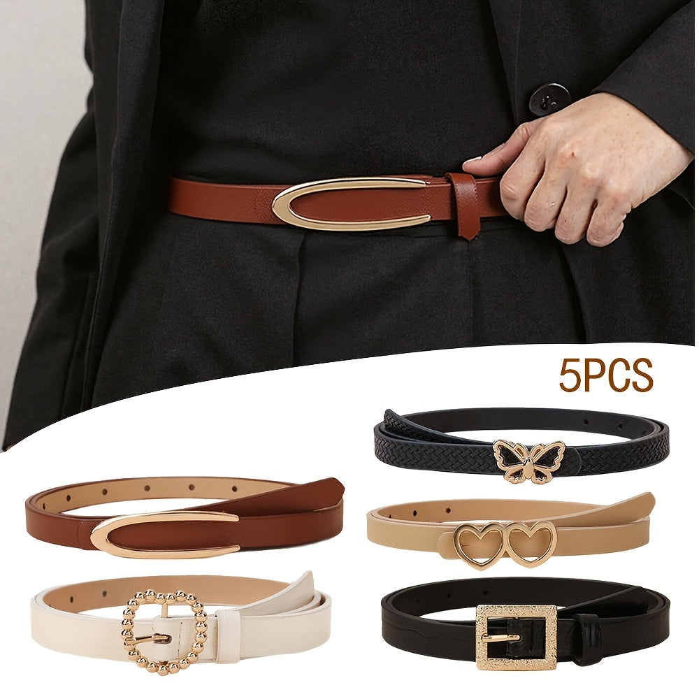 5pcs Fashionable PU Belts with Vintage Buckles Multicolor Solid Colors for Jeans And Casual Wear