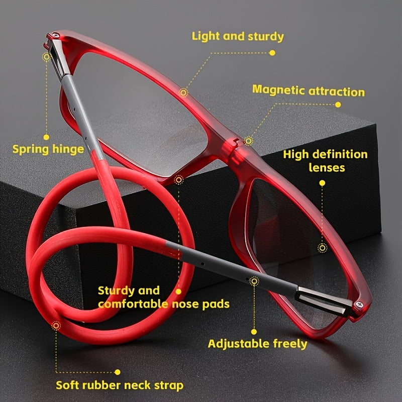 4 Pairs of Reading Glasses Simple Square Folding Magnetic Neck Hanging Fashionable Presbyopic Frame Multifunctional Ultra-light Portable Telescopic Folding Anti-fall Retro Frame Suitable for Office Wear