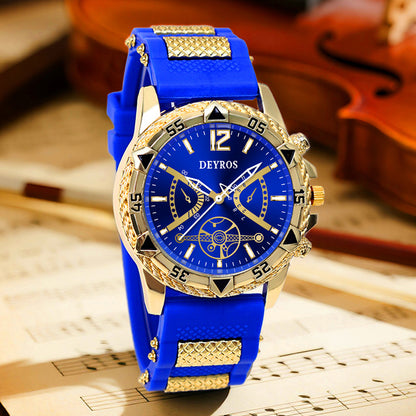 Men's 4-Piece Quartz Watch & Jewelry Set — Watch, Necklace, Ring & Bracelet | Golden Black & Blue